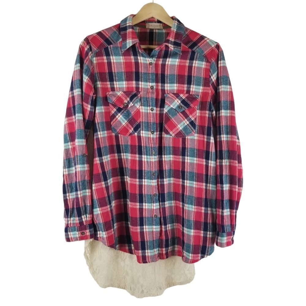 ALTAR'D State Shirt Womens Medium Plaid Flannel Lace‎ Oversized Roll Tab Sleeve